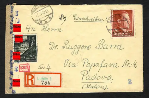 GG Auslandspost: Einschreiben Lublin nach Padova, 11.1942,  Zensur