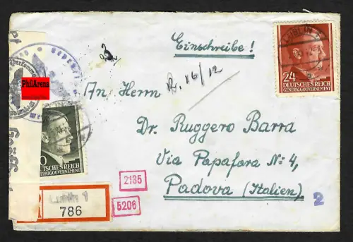 GG Auslandspost: Einschreiben Lublin nach Padova/Italien, 11.1942