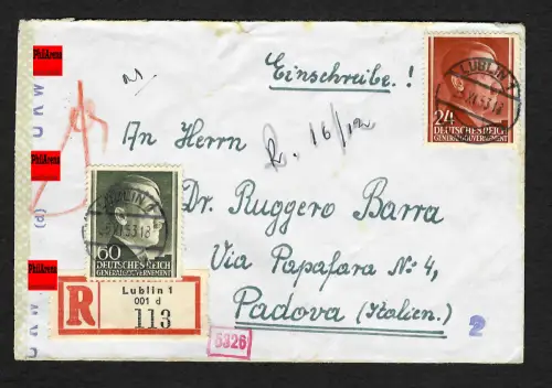 GG Auslandspost: Einschreiben Lublin nach Padova/Italien, 11.1942 - Zensur