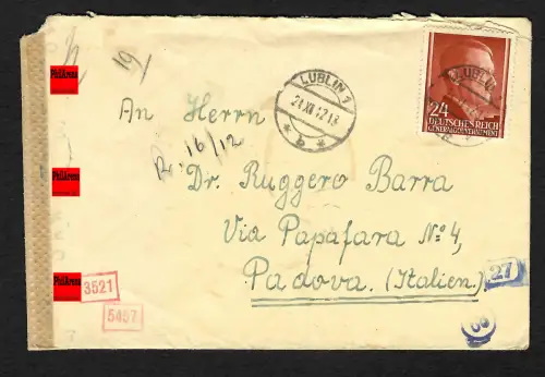 GG Auslandspost: Brief Lublin nach Padova/Italien, 11.1942 - Zensur