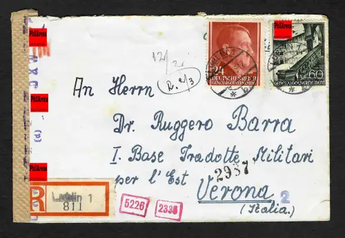 GG Auslandspost: Einschreiben Lublin nach Verona/Italien, 2.1943