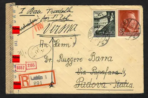 GG Auslandspost: Einschreiben Lublin nach Padova- Verona/Italien, 2.1943