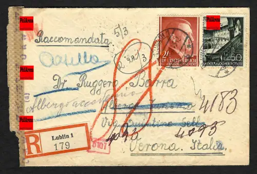GG Auslandspost: Einschreiben Lublin nach Padova- Verona/Italien, 3.1943
