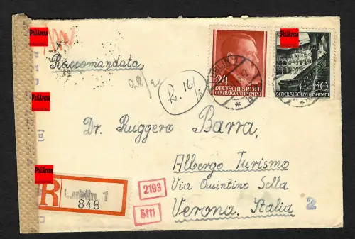 GG Auslandspost: Einschreiben Lublin nach Verona/Italien, 3.1943