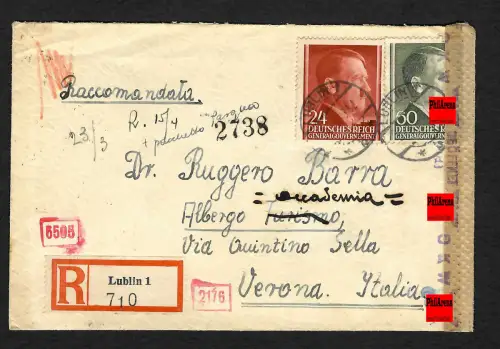 GG Auslandspost: Einschreiben Lublin nach Verona/Italien, 3.1943.