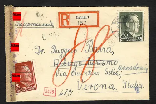 GG Auslandspost: Einschreiben Lublin nach Verona/Italien, 4.1943, Nachgebühr