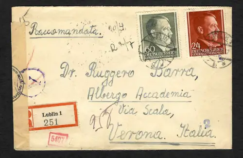 GG Auslandspost: Einschreiben Lublin nach Verona/Italien, 4.1943