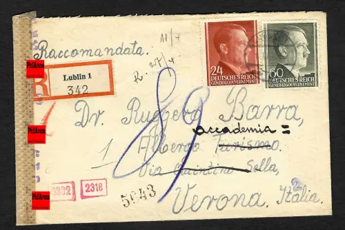 GG Auslandspost: Einschreiben Lublin nach Verona/Italien, 4.1943. Nachgebühr