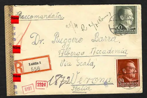 GG Auslandspost: Einschreiben Lublin nach Verona/Italien, 4.1943, Zensur