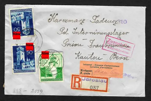 GG Auslandspost: Einschreiben Jaroslau-Bern-Interniertenpost, 2x Zensur 12.1940