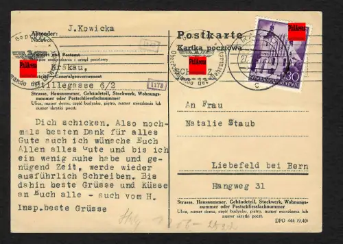 GG Auslandspost: Postkarte Krakau-Liebefeld/Bern, Text über Devisen, 1.1941