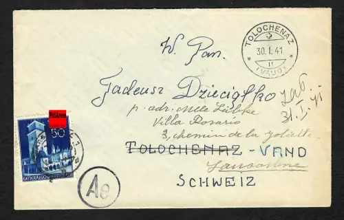GG Auslandspost: Brief von Warschau nach Tolochenaz, 30.1.41