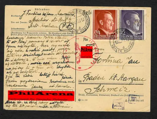 GG Auslandspost: Postkarte Miechow 12.1944 nach Baden/Schweiz
