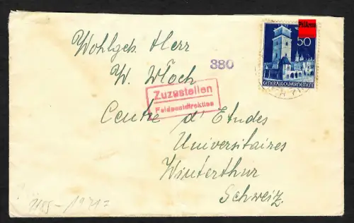 GG Auslandspost: Brief von Bilograj nach Winterthur, Interniertenpost 