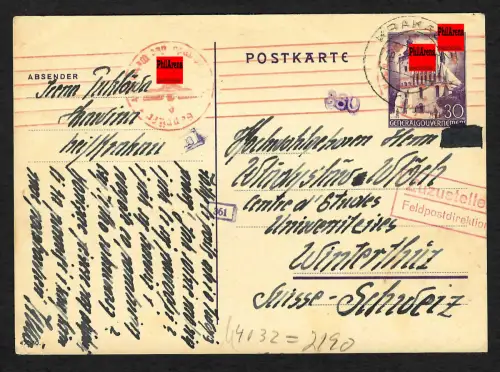 GG Auslandspost: Ganzsache P9 von Krakau nach Winterthur, Interniertenpost 