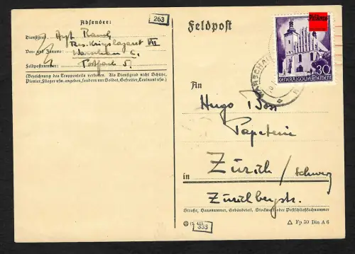 GG Auslandspost: Postkarte von Warschau nach Zürich 1.1942