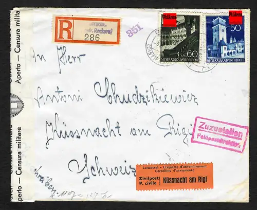 GG Auslandspost: Einschreiben von Petriaku nach Küssnacht, Interniertenpost