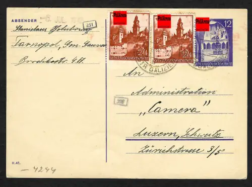 GG Auslandspost: Ganzsache 1942 von Tarnopol nach Luzern, Prospektanforderung