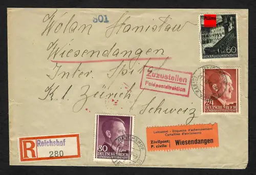 GG Auslandspost: Einschreiben Reichshof nach Wiesendangen, Interniertenpost