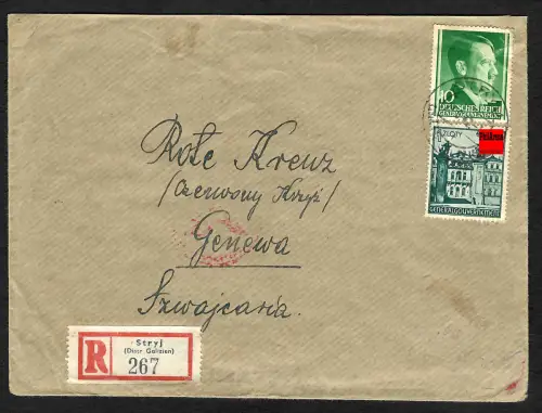 GG Auslandspost: Einschreiben Stryj/Galizien an das Rote Kreuz Genf 1942