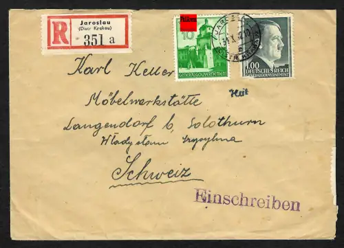 GG Auslandspost: Einschreiben Jaroslau an Möbelwerkstätte Langendorf/Schweiz