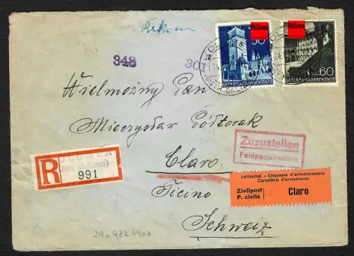 GG Auslandspost: Einschreiben Kolomea nach Claro/Schweiz, Interniertenpost
