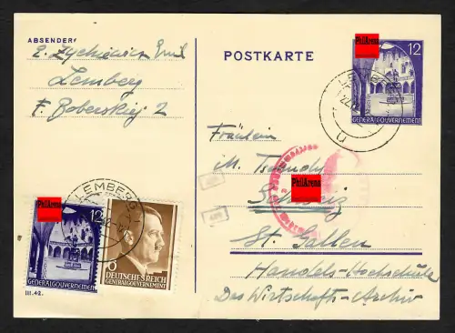 GG Auslandspost: Ganzsache P10 von Lemberg nach St. Gallen, 1942
