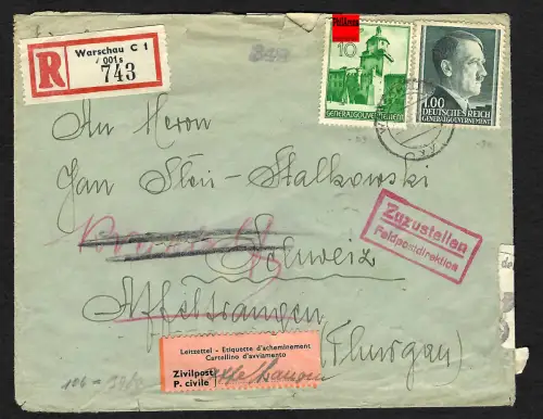 GG Auslandspost: Einschreiben Warschau nach Affeltrangen, Interniertenpost