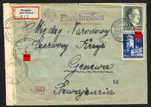 GG Auslandspost: Einschreiben Bochnia an das Rote Kreuz in Genf, 1943