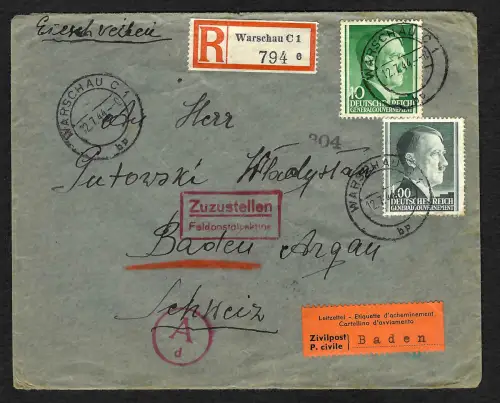 GG Auslandspost: Einschreiben Warschau nach Baden, Interniertenpost 1944