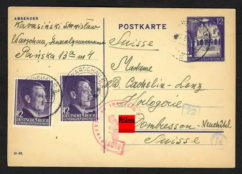 GG Auslandspost: Ganzsache Warschau nach Dombresson, Deckadresse, 1943