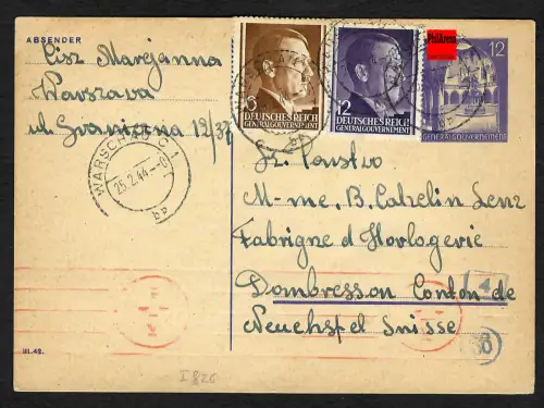 GG Auslandspost: Postkarte von Warschau 1944 nach Dombresson, Deckadresse