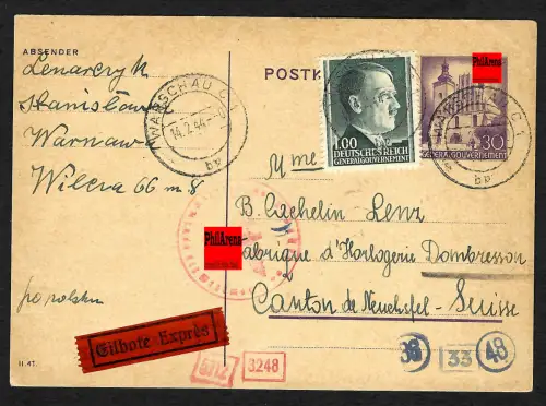 GG Auslandspost: Ganzsache als Eilbote von Warschau an Deckadresse für England