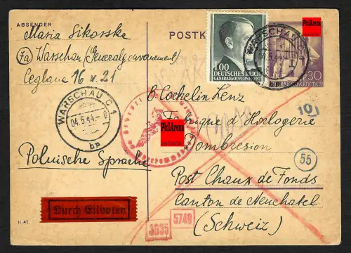 GG Auslandspost: Ganzsache Eilbote von Warschau an Deckadresse für England 1944