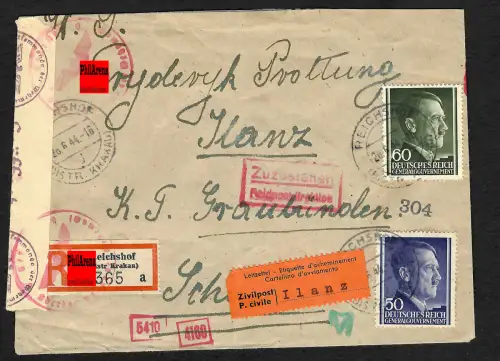 GG Auslandspost: Einschreiben Reichshof nach Ilanz/Schweiz, Interniertenpost