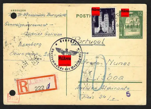 GG Auslandspost: Einschreiben Ganzsache von Lemberg nach Lissabon