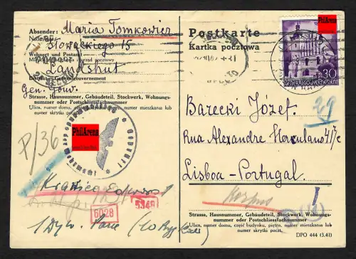 GG Auslandspost: Postkarte von Landshut nach Lissabon, 1942, Deckadresse