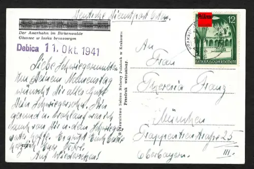 GG Ansichtskarte Auerhahn: Poln. Text überdruckt, Debica 1941 nach München