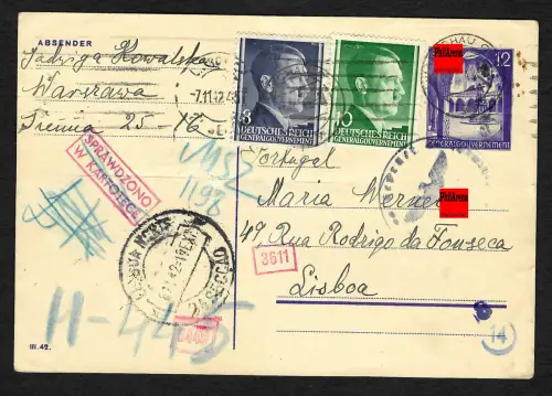 GG Auslandspost: Ganzsache von Warschau nach Lissabon, 1942, Deckadresse