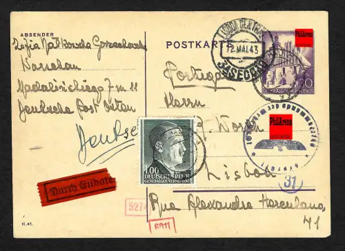 GG Auslandspost: Ganzsache P11, Eilbote von Warschau nach Lissabon, 1943