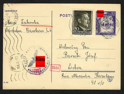 GG Auslandspost: Ganzsache von Pruszkow nach Lissabon, 1943, Deckadresse