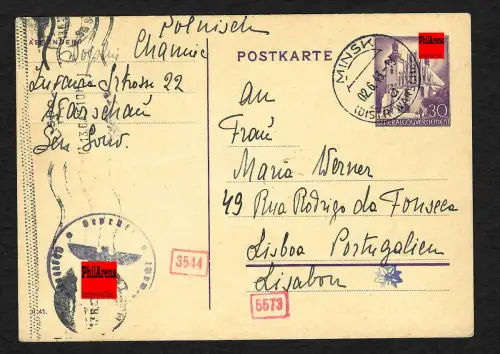 GG Auslandspost: Ganzsache P11 von Minsk nach Lissabon, 1943, Deckadresse
