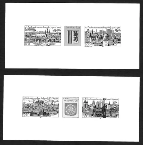 DDR 1988: 2x Schwarzdruckblocks Briefmarkenausstellung Jugend Erfurt