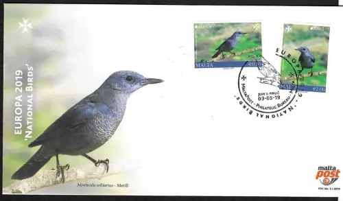 Malta 2019: EUROPA: Nationalvögel - Merill auf FDC