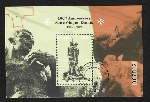 Malta 2019: 100 Jahre Nationalfeiertag - Sette Giugno Events, Block gestempelt