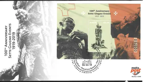 Malta 2019: 100 Jahre Nationalfeiertag - Sette Giugno Events, Block FDC
