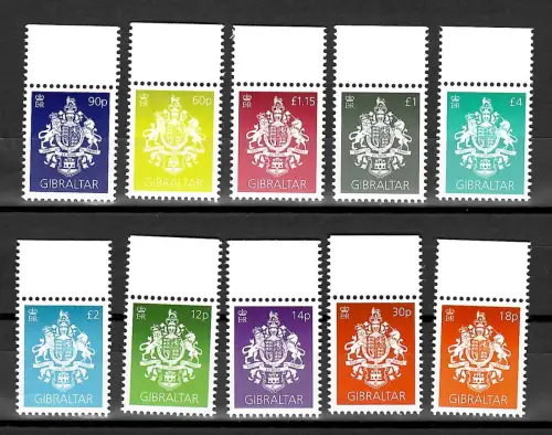Gibraltar 2021: Freimarken, 10 Marken postfrisch