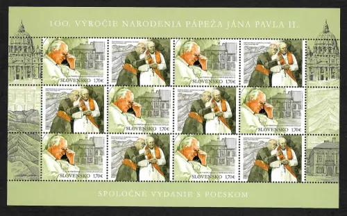 Slowenien 2020: 100. Geburtstag von Papst Johannes Paul II. Bogen, postfrisch