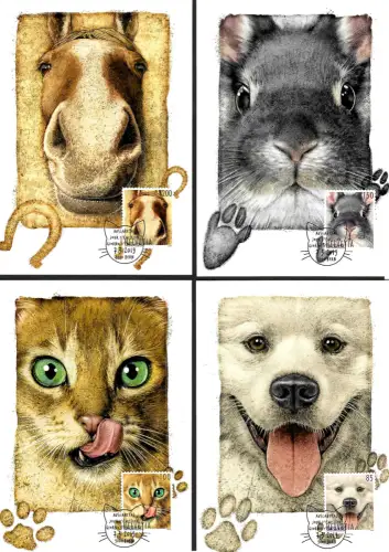 Schweiz 2019: 4x Maximumkarte: Pferd, Hund, Katze, Hase
