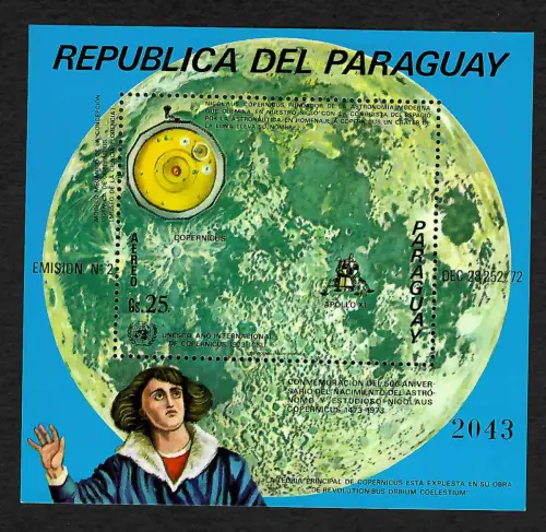 Paraguay 1973: 500. Geburtstag Kopernikus, Apollo XI, Block #204, postfrisch